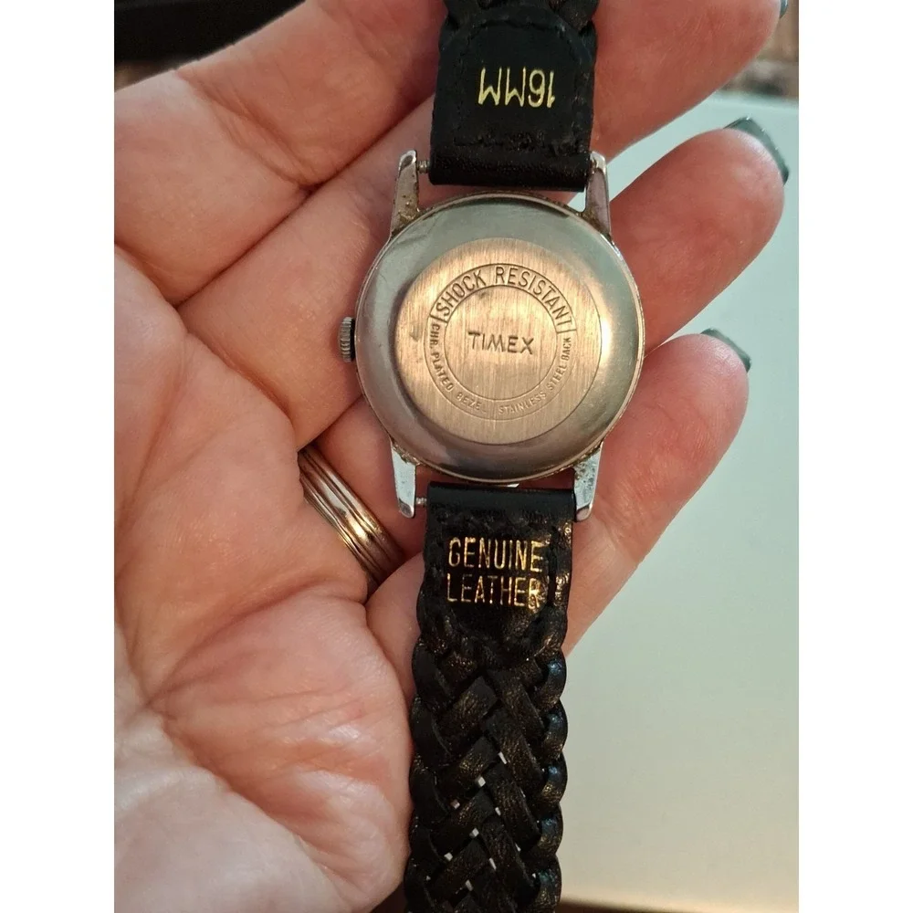 Timex Mens Manual Wind Up Watch. Chrome Plated, New Black Braided Leather Band.